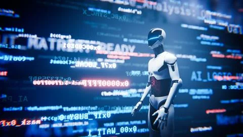 Humanoid AI robot assistant walking through digital code background. Stock-Illustration