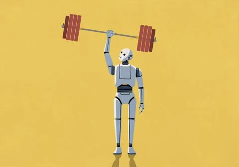 Humanoid AI robot easily lifting heavy barbell overhead against yellow Ilustración de archivo
