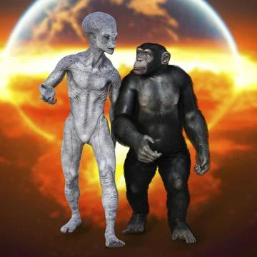 Humanoid alien and chimpanzee monkey Stock Illustration