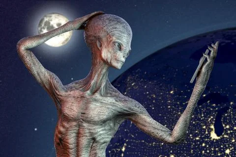 Humanoid alien makes selfie, illustration Stock Illustration