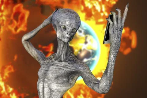 Humanoid alien makes selfie, illustration Stock Illustration