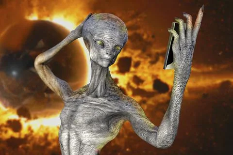 Humanoid alien makes selfie, illustration Stock Illustration