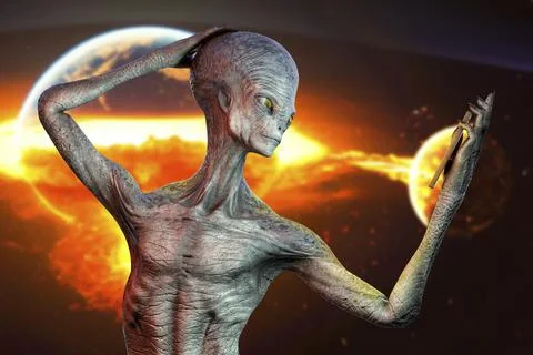 Humanoid alien makes selfie, illustration Stock Illustration