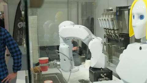 Humanoid and arm robots preparing coffee in modern cafe Video stock 342603404