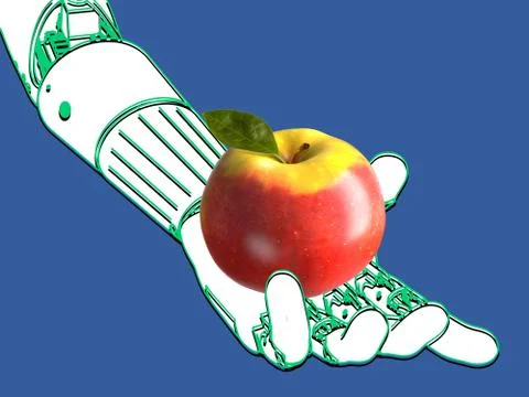 Humanoid android hand with apple Stock Illustration