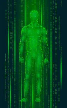Humanoid android man standing cyberspace binary code. Robot artificial intell Stock Illustration