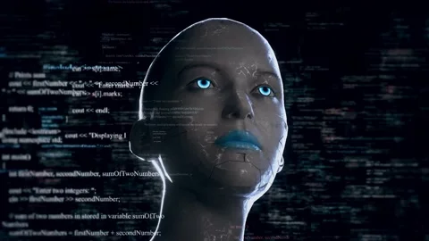 Humanoid Android Robot With Artificial Intelligence Reading Programming Codes 4K Stock Footage 145838955