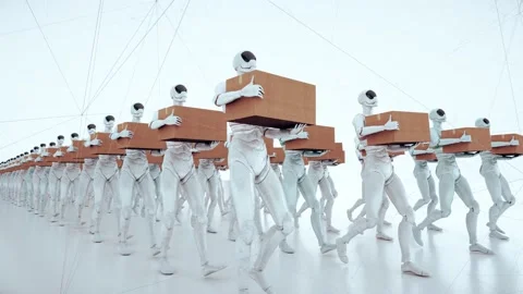 Humanoid Android Robot Workers Walking With Box on hands 4k Stock Footage 145351422