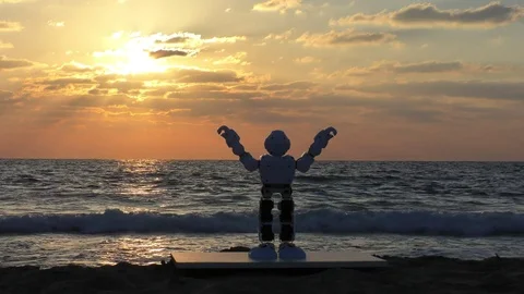 Humanoid autonomous smart robot celebrates reaching the top of his career Stockbeeldmateriaal 79511064