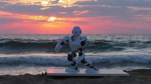 Humanoid autonomous smart robot relaxing with Tai Chi on the beach Видео 79514004