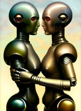 Humanoid bionic robots, cyborgs embrace each other Stockillustratie