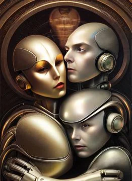 Humanoid bionic robots cyborgs hugging Illustrazione stock
