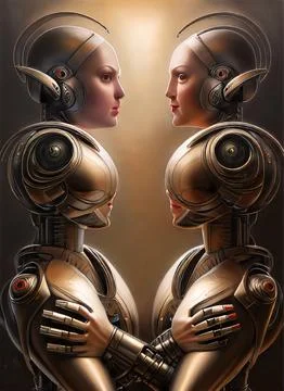 Humanoid bionic robots or cyborgs embrace each other Illustrazione stock