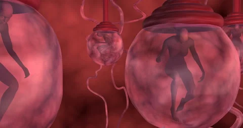 Humanoid clones suspended , floating in red fluid life support  chamber , pods. Stock Footage 68394008