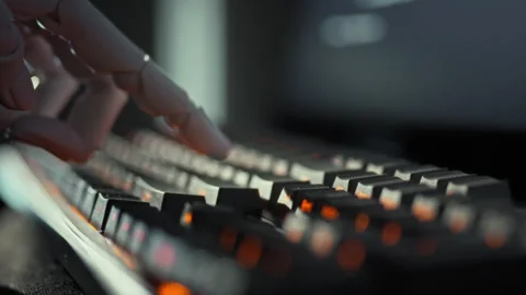 A humanoid cyborgs robotic hand moves with precision to press a keyboard but Stock Footage 331475341