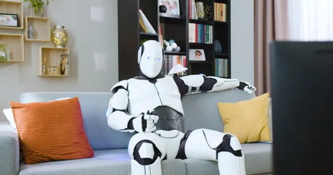 Humanoid droid sitting on couch and using remote control for switching channels Stock Footage 244136386