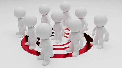 Humanoid figures standing on red target symbol 3D render Stock Illustration