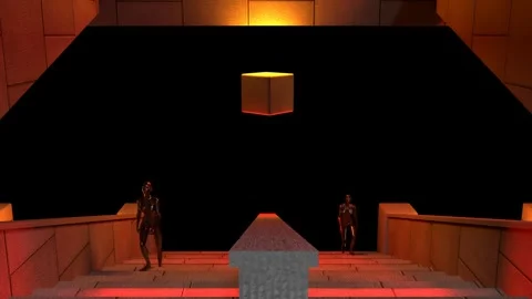 Humanoid Figures Walking Down Stairs Under a Floating Glowing Cube Stock Footage 346780754