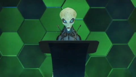 Humanoid Grey Alien giving a Speech standing behind a podium CGI Animation Stock Footage 323646754