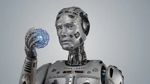 HUMANOID HOLDS SPHERE Stock Footage 255940806