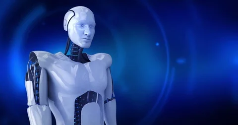 Humanoid male robot activating digital hud Stock Footage