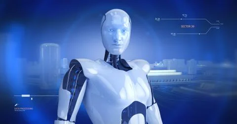 Humanoid male robot inside of a computer Stock Illustration