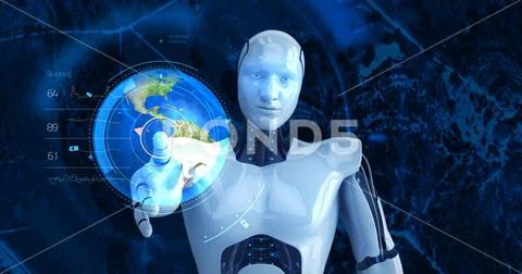 Humanoid male robot touching digital globe Stock Illustration