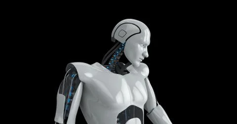 Humanoid male robot touching screen Stock Illustration