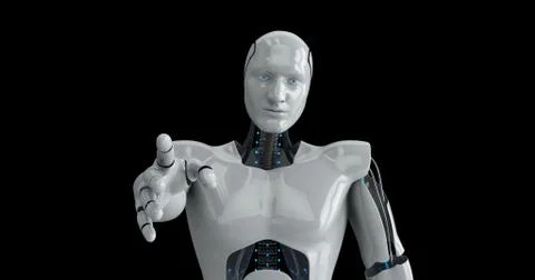 Humanoid male robot touching screen 스톡 일러스트
