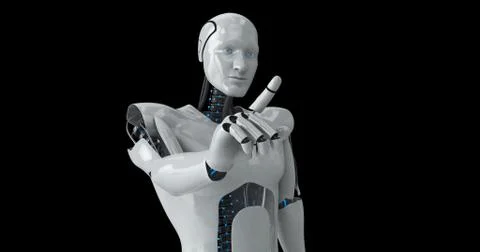 Humanoid male robot touching screen Stock Illustration