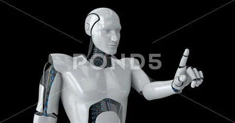 Humanoid male robot touching screen Stock Illustration