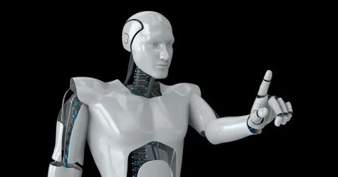 Humanoid male robot touching screen Ilustración de archivo