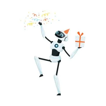 Humanoid or Robotic Device with Iron Limbs Celebrating Birthday Vector Stock Illustration