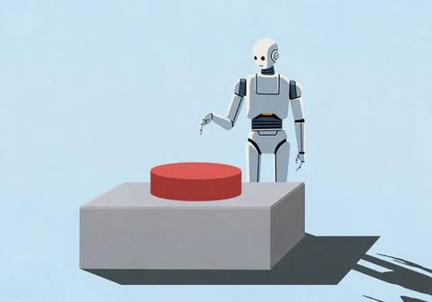Humanoid robot about to press large red panic button Illustrazione stock