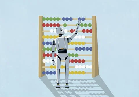 Humanoid robot adjusting beads on large abacus against blue background 스톡 일러스트
