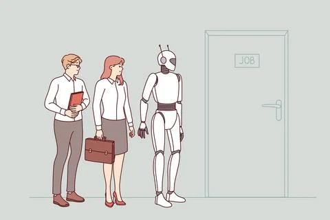 Humanoid robot with AI competes for vacancy and opportunity to get job, standing Stock Illustration