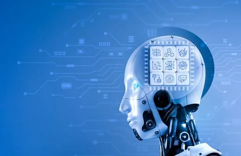 Humanoid robot with AI processor and digital interface on futuristic blue b.. Stockfoto's