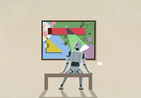 Humanoid robot analyzing art hanging on museum wall Illustrazione stock