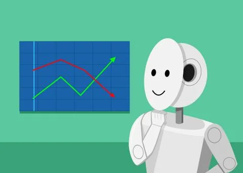 Humanoid robot analyzing stock graphs, vector Stock Illustration