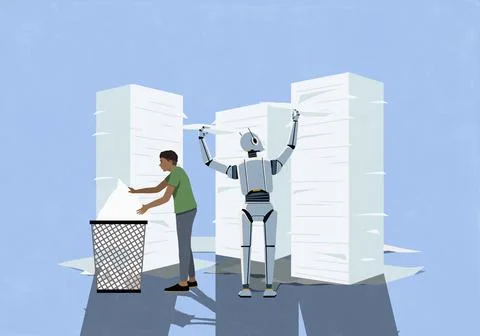 Humanoid robot and man sorting and throwing away documents Stock Illustration