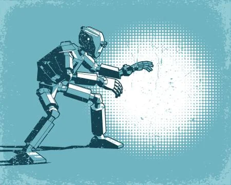 Humanoid robot and spot light - vintage retro poster Stock-Illustration