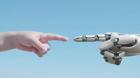 Humanoid Robot Arm Touching Child's Hand Vidéo 163641301