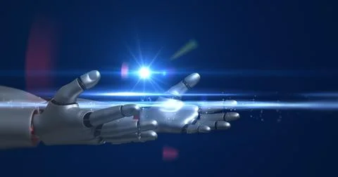 Humanoid robot arms generating power. Technology related 3D Render. Illustrazione stock