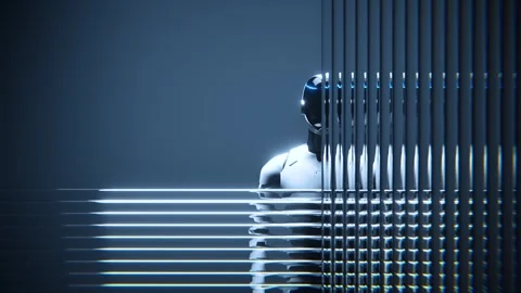 Humanoid robot assistant behind ribbed glass loop animation. Stock Footage 347388696