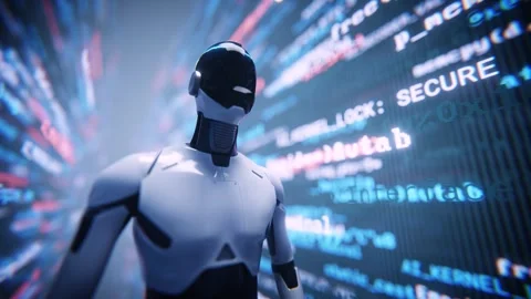 Humanoid robot assistant with coding screen backdrop loop animation. Stock Footage 347388478