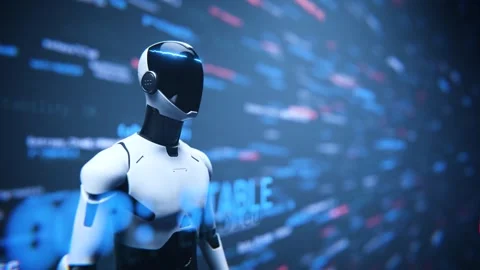 Humanoid robot assistant with data interface background loop animation. Stock Footage 347388642
