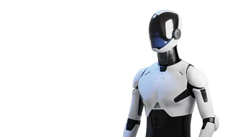 Humanoid robot assistant half length on white background loop. Stock Footage 347198494