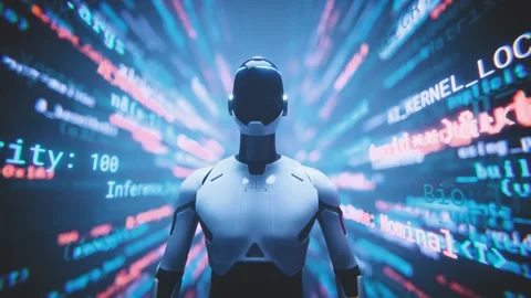 Humanoid robot assistant with streaming code background loop animation. Stock Footage 347198445