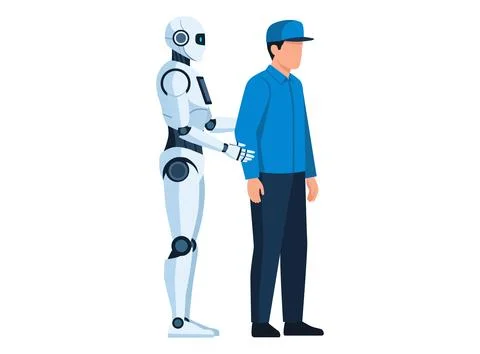 Humanoid robot assisting or guiding a man in a blue uniform and cap. Concep.. Stock Illustration