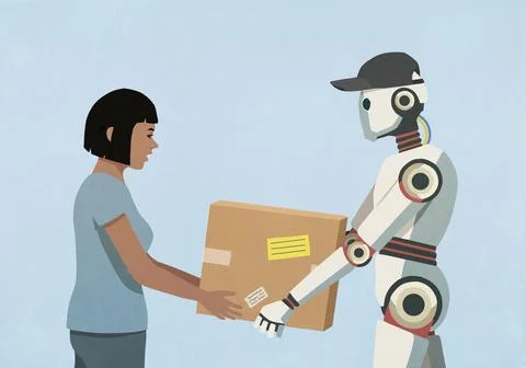 Humanoid robot in baseball cap delivering package to woman against blue Stock Illustration